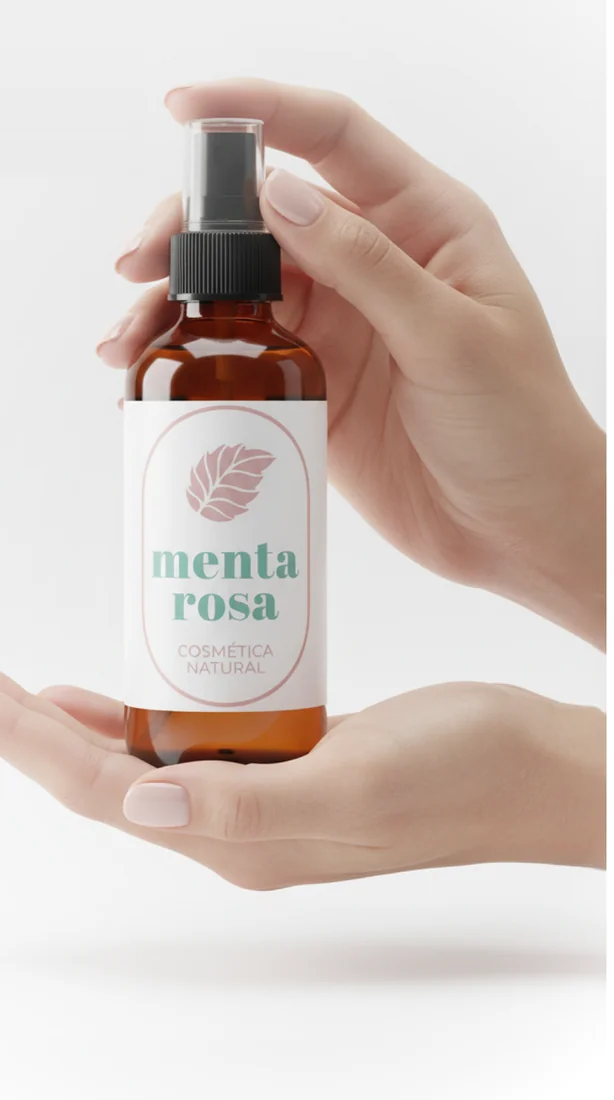 Frasco de Menta Rosa sostenido entre dos manos